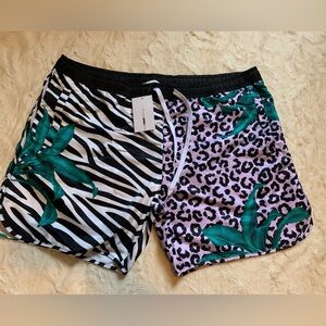 Fashion Nova Zebra and Leopard Print Swim Shorts - Black, White, Green, Purple